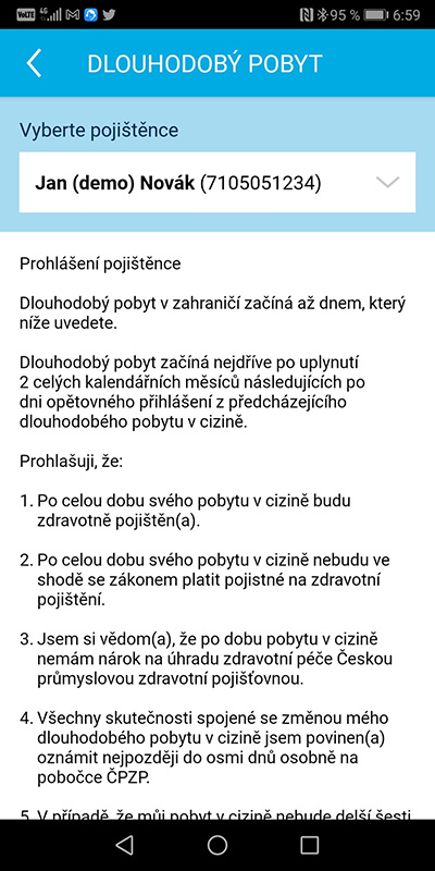 Ukázka aplikace Zdraví v mobilu – Dlouhodobý pobyt
