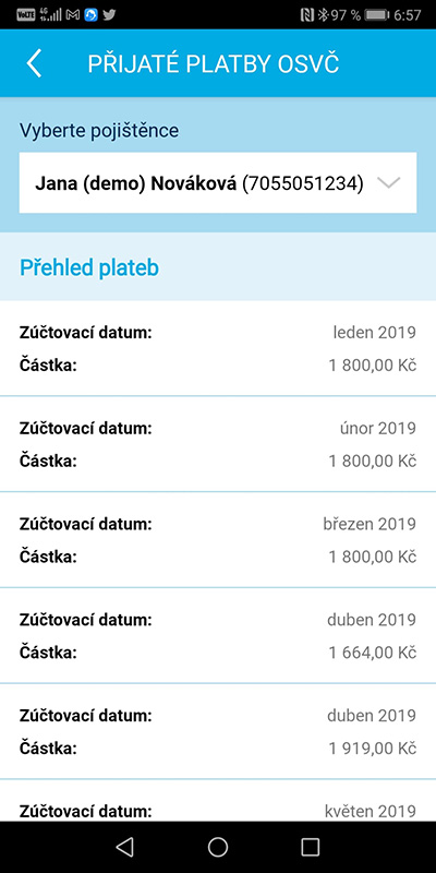 Ukázka aplikace Zdraví v mobilu – Přijaté platby OSVČ