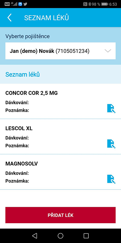 Ukázka aplikace Zdraví v mobilu – Seznam léků