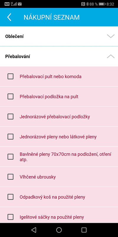 Ukázka aplikace Zdraví v mobilu – Nákupní seznam