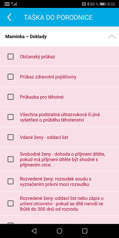 Ukázka aplikace Zdraví v mobilu – Taška do porodnice