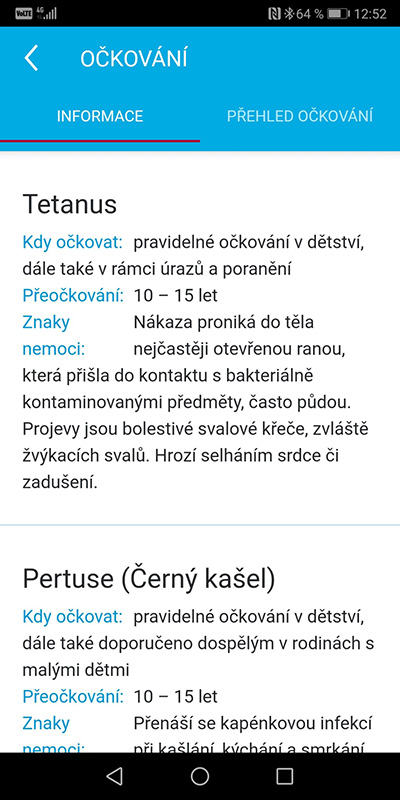Ukázka aplikace Zdraví v mobilu – Očkování