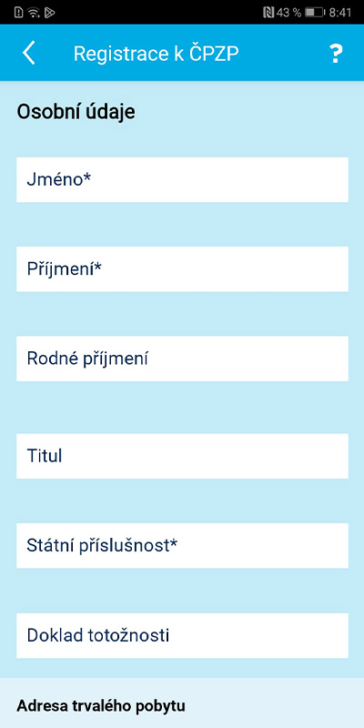 Ukázka aplikace Zdraví v mobilu – Registrace k ČPZP